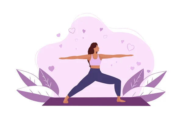 Yoga vektör çizimi uygulayan genç bir kadın. Düz stil bir kız. Egzersiz yapan güzel kadınlar, sağlıklı yaşam tarzı.