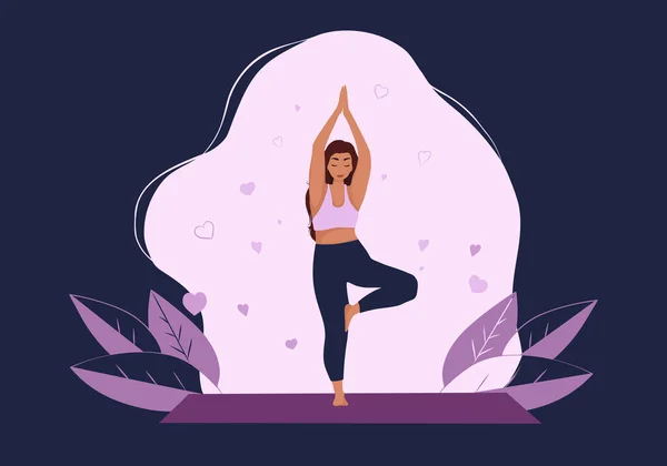Beautiful Woman Practicing Yoga Tree Pose Girl Cartoon Flat Style — Stock Vector