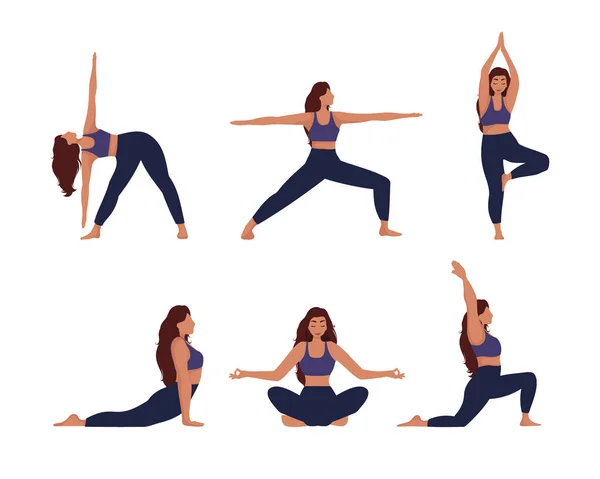 Yoga yapan bir grup kadın beyaz arka planda izole edilmiş, yoga pozları topluyor.