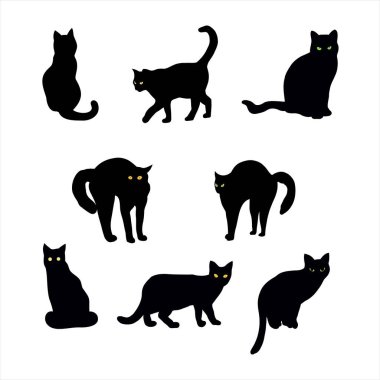 Collection of silhouettes of black cats, halloween elements