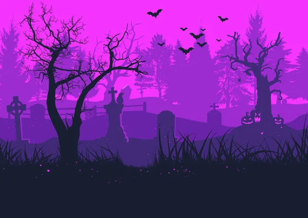 Old Cemetery Halloween Background Scary Trees Bats Tombstones — Vettoriale Stock