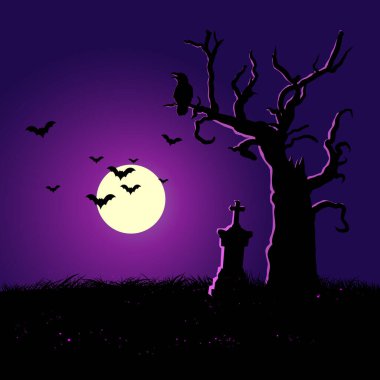 halloween night background, crown on tree, tomb and bats 