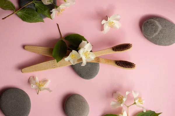 Bamboo Toothbrushes Jasmine Flowers Leaves Seashells Zero Waste Eco Flat — Stok fotoğraf