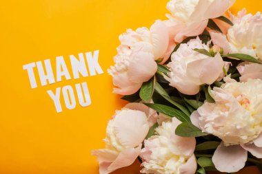 peonies with paper words. Thank you on orange paper