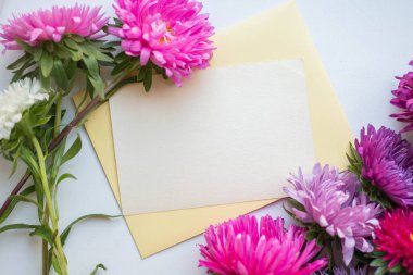 asters bouquet on grey-blue background. modern composition