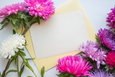 asters bouquet on grey-blue background. modern composition
