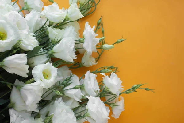 Beyaz çiçekler. Eustoma masada. Çiçekli arkaplan