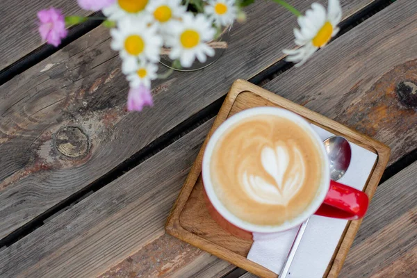 Morning Coffee Flowers Wooden Table — стоковое фото