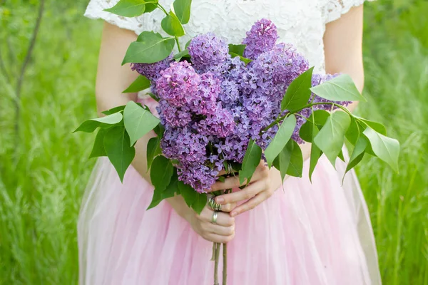 Girl Forest Lilac Bouquet Pink Skirt — стоковое фото