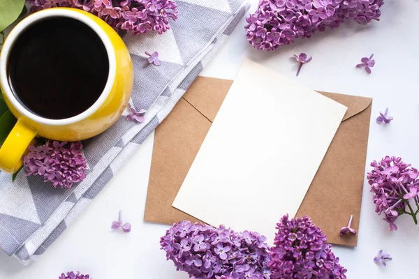 Card Mockup Mug Black Coffee Lilac Morning Coffee Cup Craft — Stockfoto