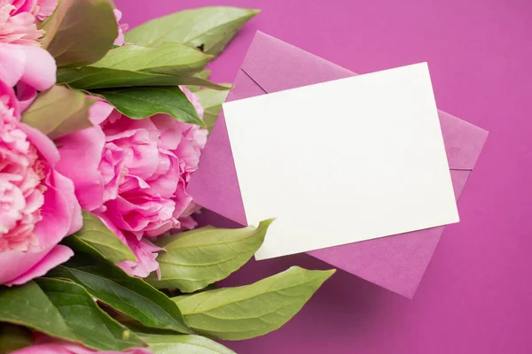 Minimalistic Card Mockup Bouquet Pink Peonies Fresh Flowers Water Drops — Φωτογραφία Αρχείου