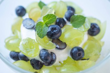 ice cream with green grape, mint and clueberry