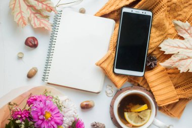fall mockup notebook with phone and autumn leaves and details Mockup with postcard and flowers and ribbon on white background.