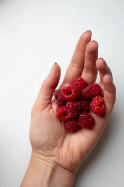 Fresh Raspberries Girl Hand — Foto de Stock