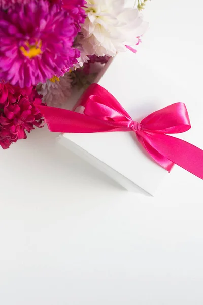 Gift Box Colorful Flowers Asters Autumn Bouquet Table — Stockfoto