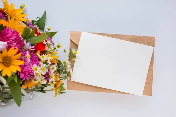 Card Mockup Bouquet Vivid Autunm Flowers Flowers Background — Stockfoto