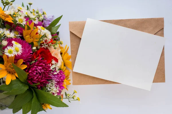 Card Mockup Bouquet Vivid Autunm Flowers Flowers Background — Stockfoto