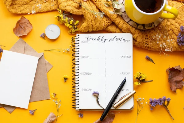 Notebook Dry Flowers Leaves Planner Tea Pen — Stockfoto