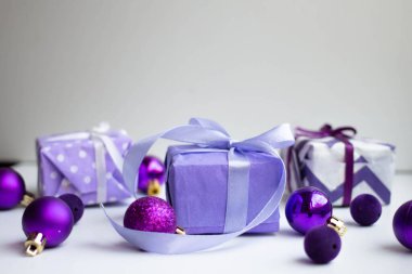 gift boxes with Christmas balls. New Year celebration. Christmas presents. festive background