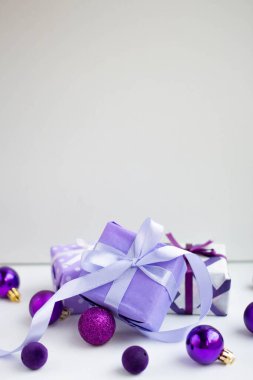 gift boxes with Christmas balls. New Year celebration. Christmas presents. festive background
