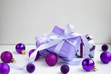 gift boxes with Christmas balls. New Year celebration. Christmas presents. festive background