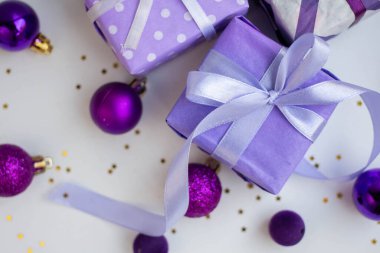 gift boxes with Christmas balls. New Year celebration. Christmas presents. festive background
