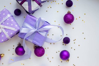 gift boxes with Christmas balls. New Year celebration. Christmas presents. festive background