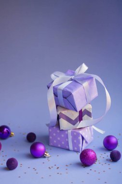 gift boxes with Christmas balls. New Year celebration. Christmas presents. festive background