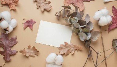 card mockup with cotton flowers, eucaliptus, dry leaves, reeds. autumn mood, fall vibes