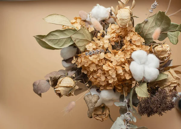 Bouquet Dry Hydrangeas Cotton Palm Leaves — Stok fotoğraf