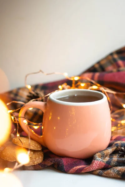 Cup Morning Tea Coockies Chocolate Lights Glasses — Zdjęcie stockowe