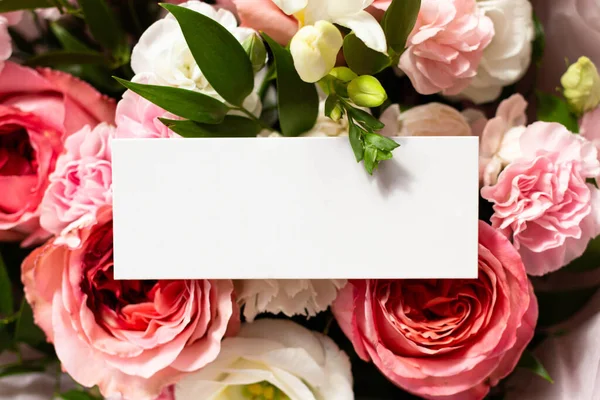 bouquet of flowers and a card from the sender. unknown admirer. Roses, carnations, lisianthus. card mockup