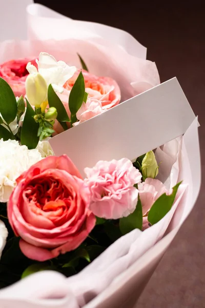 bouquet of flowers and a card from the sender. unknown admirer. Roses, carnations, lisianthus. card mockup