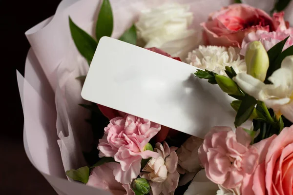bouquet of flowers and a card from the sender. unknown admirer. Roses, carnations, lisianthus. card mockup