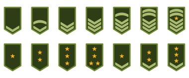 Ordu Rütbe Simgesi. Askeri Rozet İşareti Yeşil Sembol. Sembol Sarı Yıldız ve Çizgili Logo. Asker Çavuş, Binbaşı, Subay, General, Teğmen, Albay Amblem. İzole Vektör İllüstrasyonu