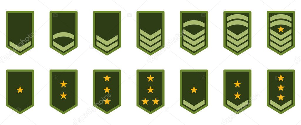 Army Rank Icon. Military Badge Insignia Green Symbol. Chevron Yellow Star and Stripes Logo. Soldier Sergeant, Major, Officer, General, Lieutenant, Colonel Emblem. Isolated Vector Illustration