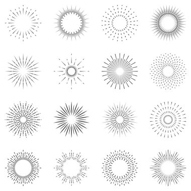 Havai fişek Hattı Simgesi Ayarlandı. Doğrusal Pictogram. Circle Spark Sunburst Yıldız Patlaması Parlak Dış Hatlar Simgesi. Yıldız patlaması Işık Patlaması. Doğum gününü kutla, Mutlu Noeller partisi. İzole Vektör İllüstrasyonu