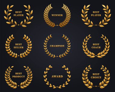 Chaplet for Success Winner Silhouette Gold Icon Set. Laurel Wreath Sheet Award Achievement Golden Pictogram. Victory Champion Circle Leaf Olive Branch Reward Best Choice. Vector Illustration.