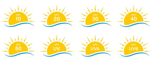 Sun Rays Spf Protect Radiation Silhouette Icon Set Summer Sunblock — Vettoriale Stock