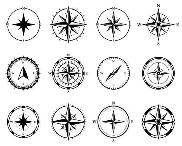 Compass Navigation Silhouette Icon Set. North South West East Orientation Direction Glyph Pictogram. Nautical Antique Rose Wind Navigator for Sea Adventure Icon. Isolated Vector Illustration.