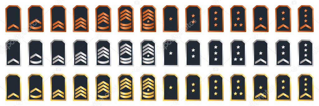 Military Insignia Soldier Icon Set. Sergeant, General, Major, Officer, Lieutenant, Colonel Patch. Military Army Badges. Golden, Silver, Bronze Army Rank on White Background. Vector Illustration.