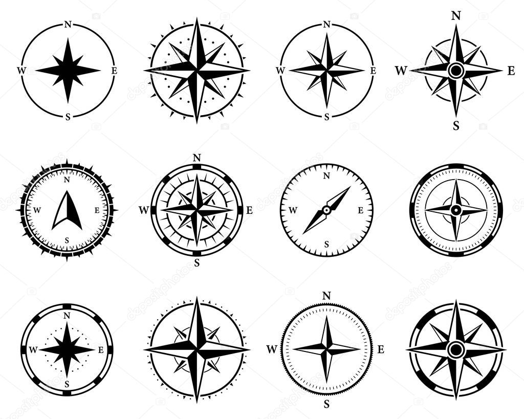 Compass Navigation Silhouette Icon Set. North South West East Orientation Direction Glyph Pictogram. Nautical Antique Rose Wind Navigator for Sea Adventure Icon. Isolated Vector Illustration.
