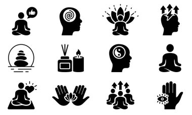 Meditasyon Gevşeme Aromaterapi Simgesi Ayarlandı. Lotus Poz Harmony Siluet Simgesi 'ndeki Yoga. Khamsa Zen, Rest Brain Sembolü. Ruhani Enerji Glyph Piktogramı. İzole Vektör İllüstrasyonu.