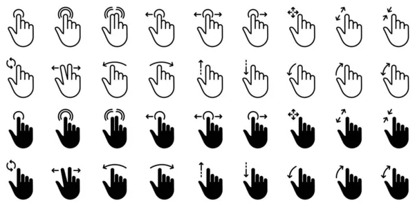 Gesture Tap Line Silhouette Icon Set Swipe Hand Finger Touch — Stockvektor