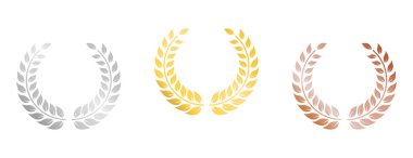 Vintage Emblem Gold Bronze Silver Champion Prize Certificate. Laurel Wreath for Winner Icon Set. Award Victory Circle Leaf Olive Branch Greek Icon. Decoration Isolated Vector Illustration.