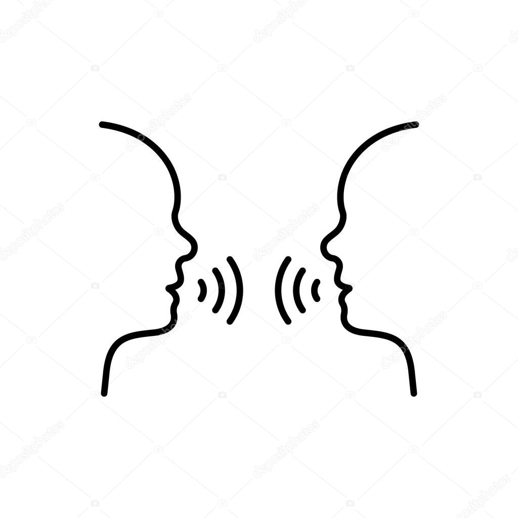 Two Man Talk Line Icon. People Face Head in Profile Speak Linear Pictogram. Person Conversation Speech Outline Icon. Communication Discussion. Editable Stroke. Isolated Vector Illustration.