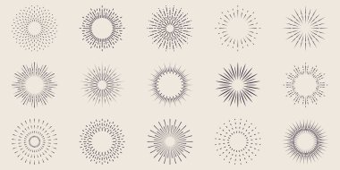 Firework Line Icon Set. Starburst Light Explosion. Circle Spark Sunburst Star Burst Shine Outline Icon. Celebrate Happy Birthday, Merry Christmas Party Linear Pictogram. Isolated Vector Illustration.