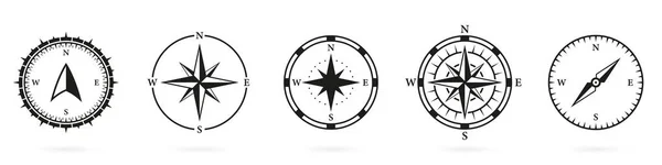 Compass Equipment Navigation Silhouette Icon Set Retro Rose Wind Glyph — ストックベクタ