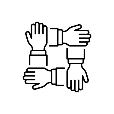 Collaboration Group Team Job Linear Pictogram. Company Participation Line Icon. Teamwork Alliance Partnership Help Together Hand Outline Icon. Editable Stroke. Isolated Vector Illustration.
