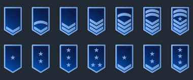 Military Badge Insignia Blue Symbol. Soldier Sergeant, Major, Officer, General, Lieutenant, Colonel Emblem. Army Rank Icon. Chevron Star and Stripes Logo. Isolated Vector Illustration.